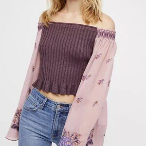 Rare Free People Breaking Dawn Embroidered Ribbed Off Shoulder Top